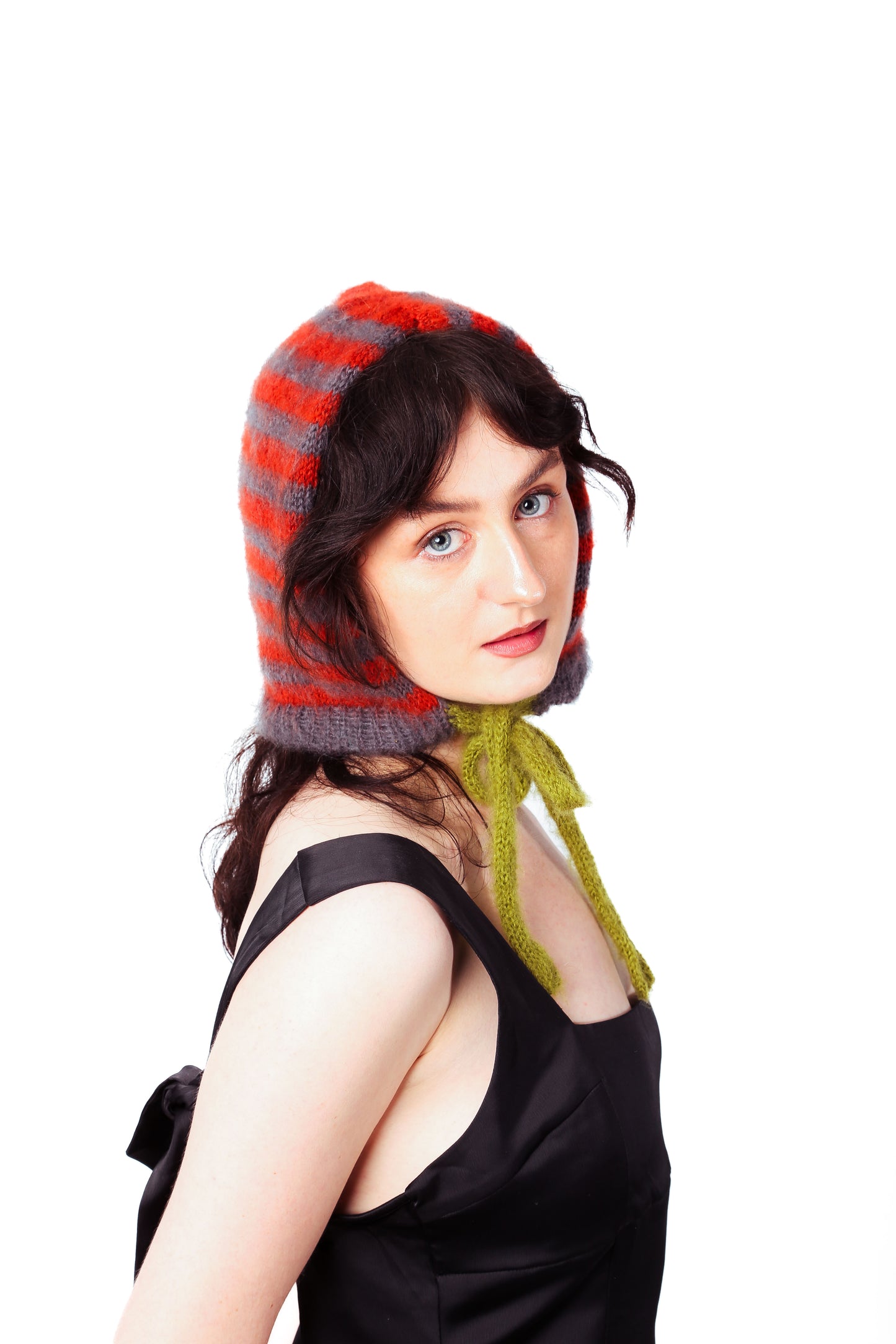 red, grey + green bonnet
