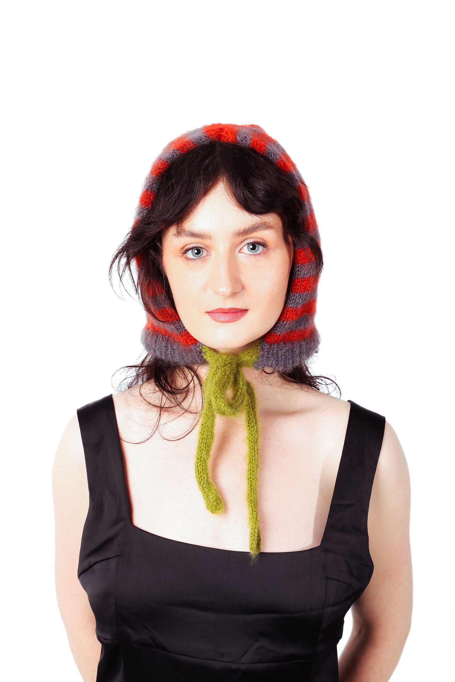red, grey + green bonnet